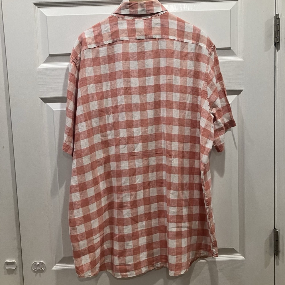 LL Bean Shirt Mens Tall XLT Linen Short Sleeve Slightly Fitted Salmon Pink Plaid - Picture 3 of 8